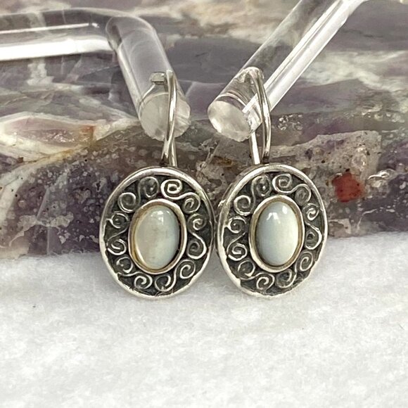 Sterling Silver 925 Dainty Oval White Mother Of Pearl Dangle Earrings - Picture 5 of 16
